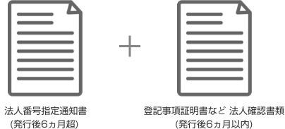  法人番号指定通知書 (発行後6ヵ月超)＋登記事項証明書など 法人確認書類(発行後6ヵ月以内)